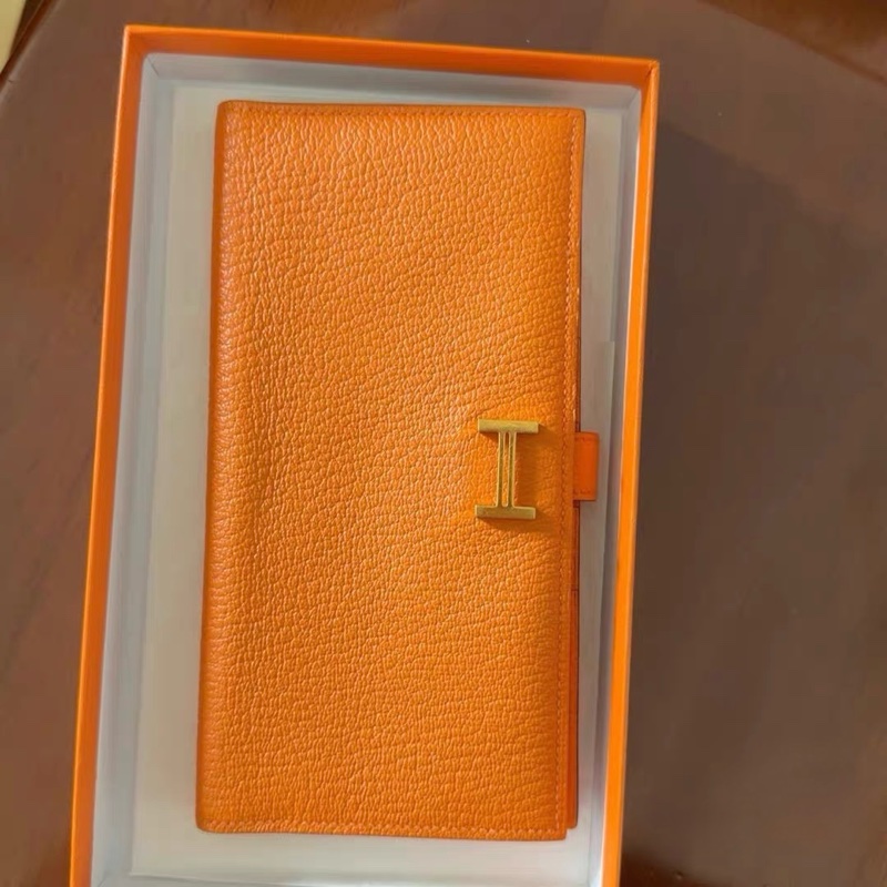 9.9成新 愛馬仕 Hermès Bearn 多功能長夾｜橘色｜金釦｜帶包裝-0