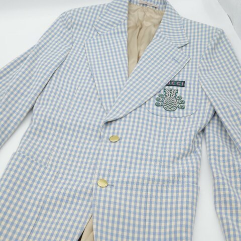 Gucci 古馳 Pineapple 鳳梨刺繡藍白格紋 羊毛混紡 西裝外套