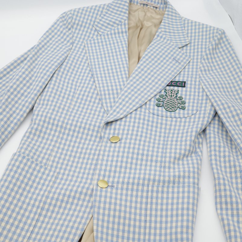 Gucci 古馳 Pineapple 鳳梨刺繡藍白格紋 羊毛混紡 西裝外套-0