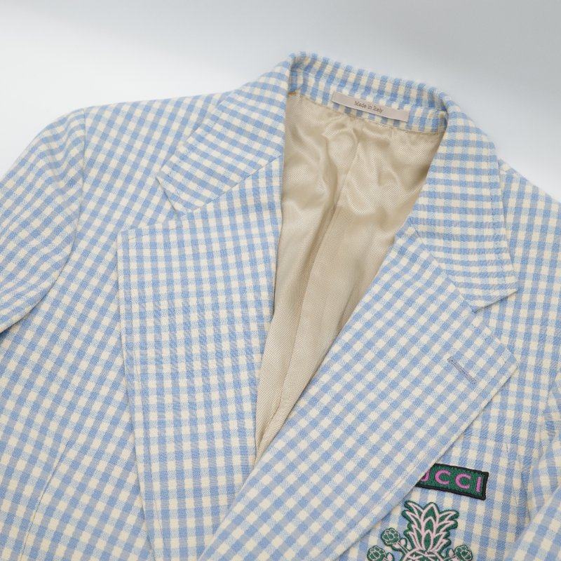 Gucci 古馳 Pineapple 鳳梨刺繡藍白格紋 羊毛混紡 西裝外套-3