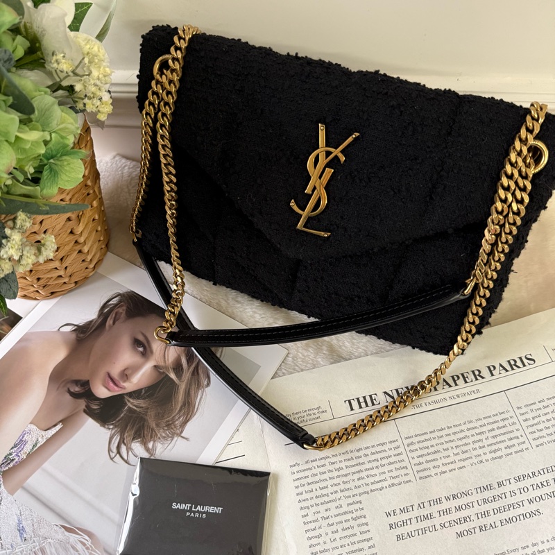 Puffer V紋金字毛呢小款二用包(黑色)-0