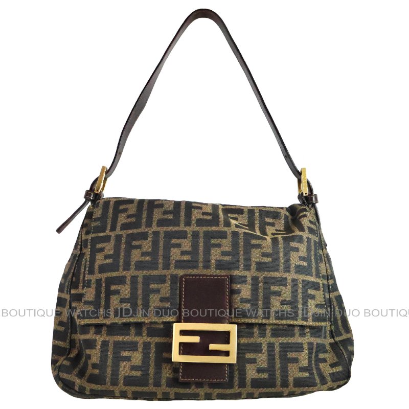 金鐸精品~2497 FENDI 芬迪 26325 Zucca Mamma Baguette菸草棕色FF緹花布金釦法棍肩背包-0
