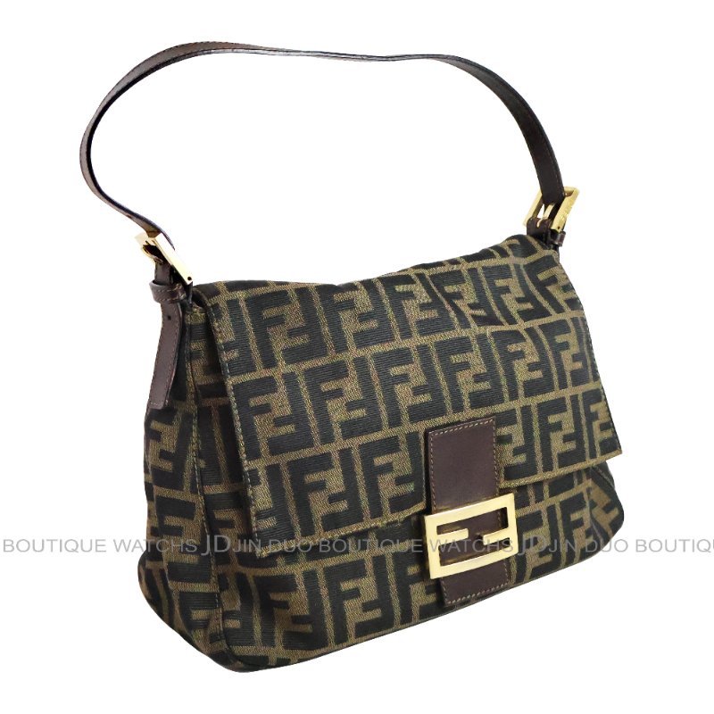 金鐸精品~2497 FENDI 芬迪 26325 Zucca Mamma Baguette菸草棕色FF緹花布金釦法棍肩背包-2