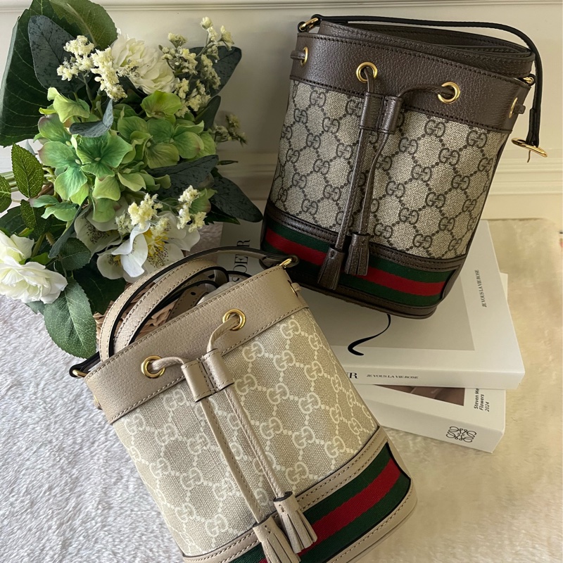 Ophidia 塗層帆布及皮革綠紅小款水桶包(米色/烏木色)-0