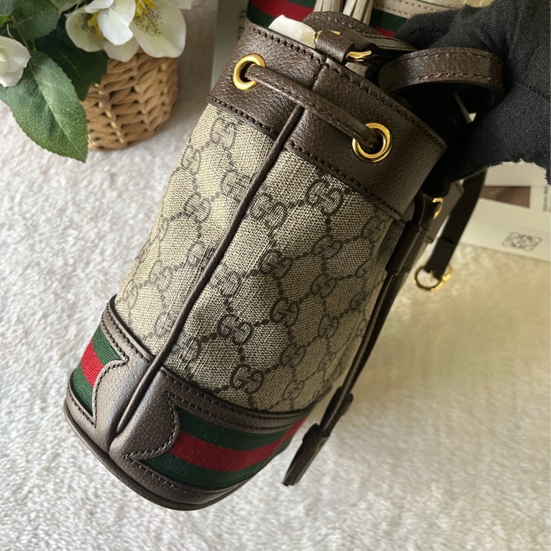 Ophidia 塗層帆布及皮革綠紅小款水桶包(米色/烏木色)-2