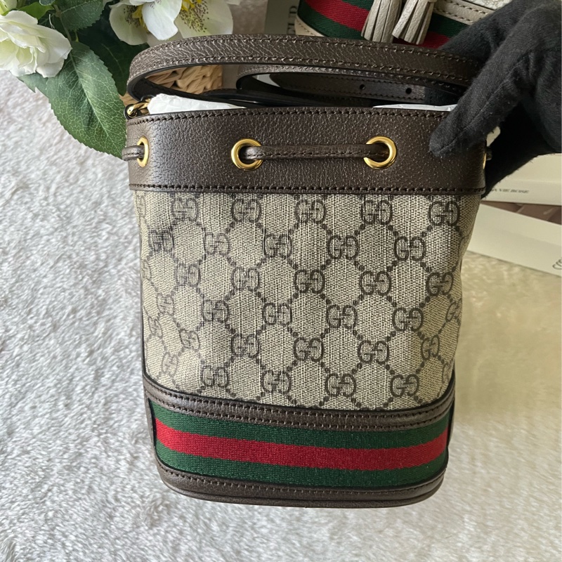 Ophidia 塗層帆布及皮革綠紅小款水桶包(米色/烏木色)-3