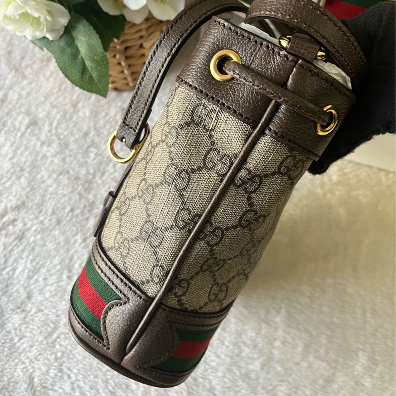 Ophidia 塗層帆布及皮革綠紅小款水桶包(米色/烏木色)-4