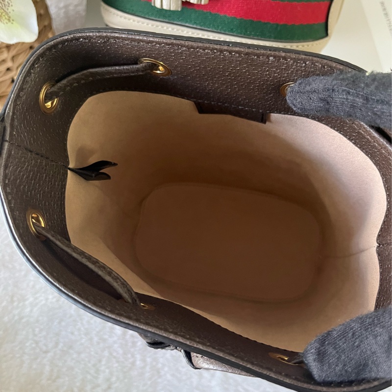 Ophidia 塗層帆布及皮革綠紅小款水桶包(米色/烏木色)-6