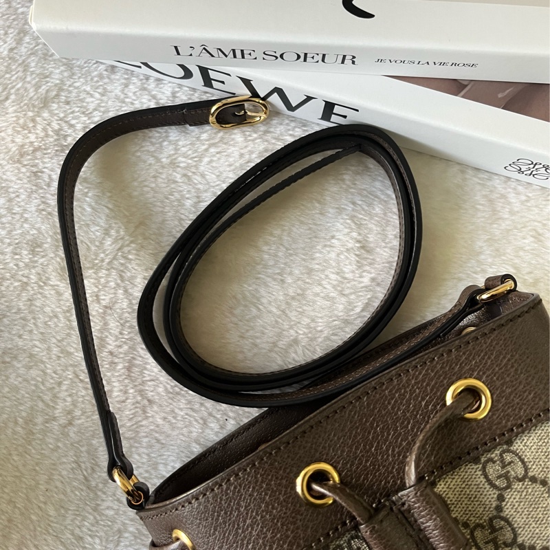 Ophidia 塗層帆布及皮革綠紅小款水桶包(米色/烏木色)-7