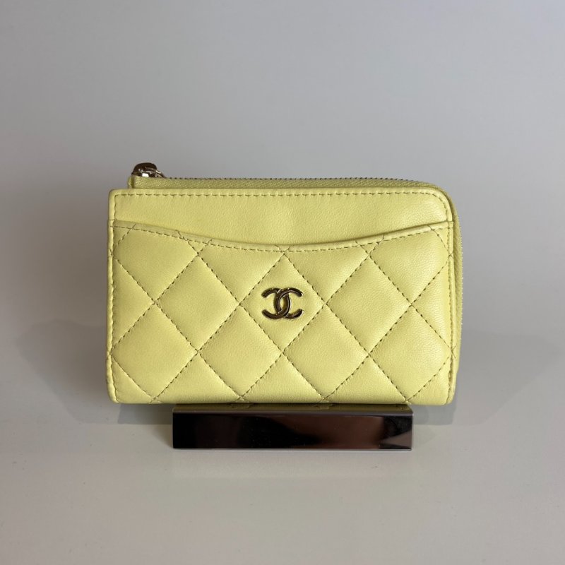 CHANEL 菱格紋羊皮零錢包黃 AP3179/晶片款-1