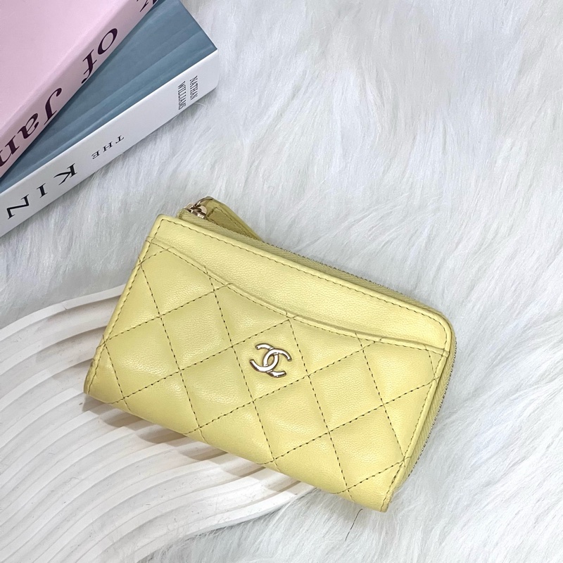 CHANEL 菱格紋羊皮零錢包黃 AP3179/晶片款-0