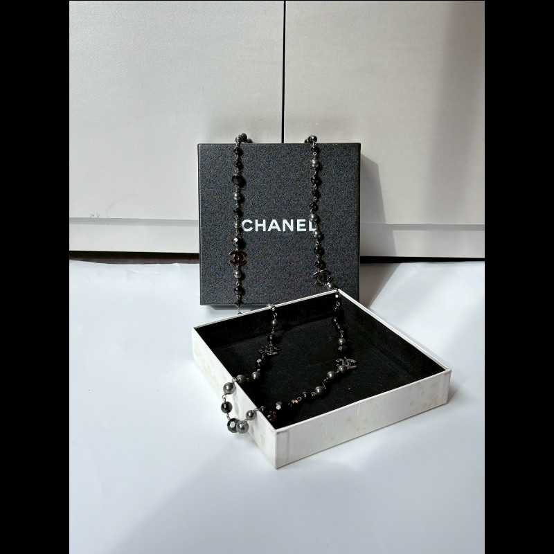 Chanel 黑銀串珠雙C長項鍊-2