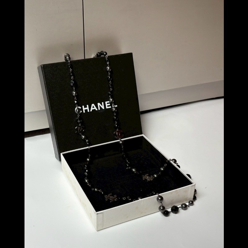Chanel 黑銀串珠雙C長項鍊-3