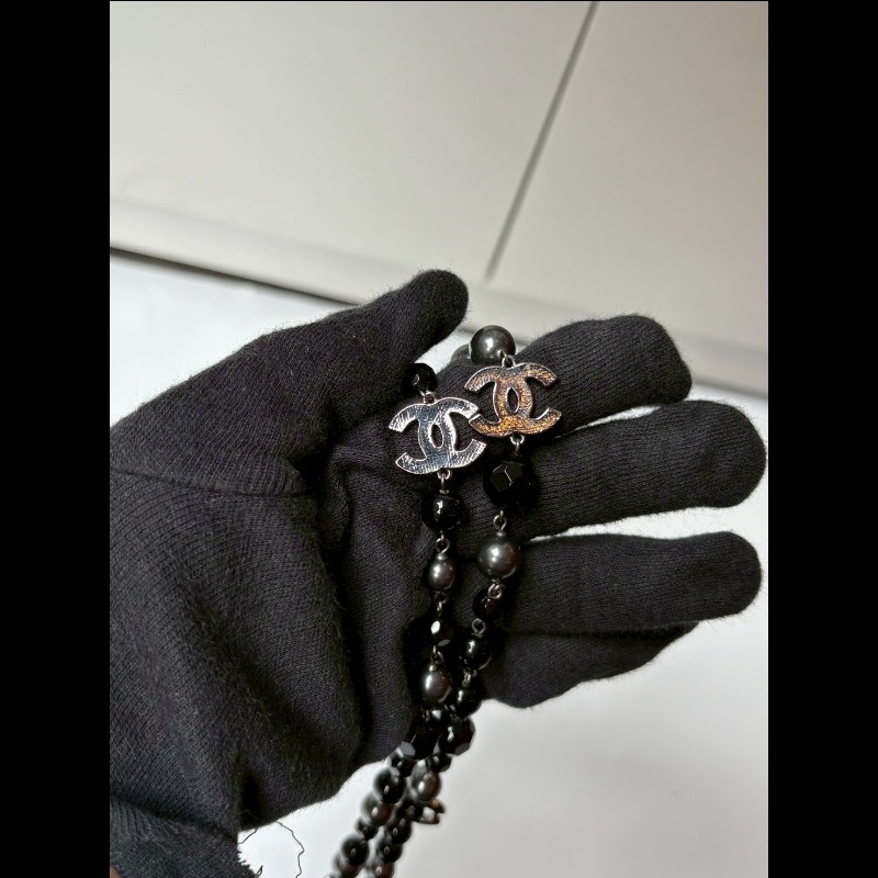 Chanel 黑銀串珠雙C長項鍊-5