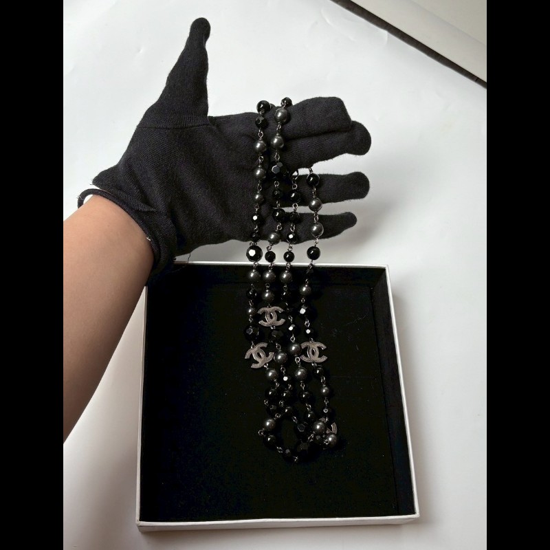 Chanel 黑銀串珠雙C長項鍊-6