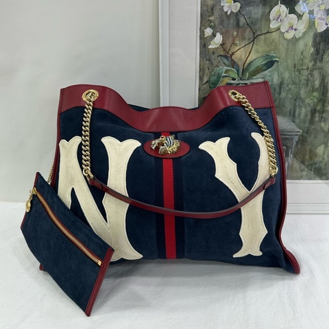 Gucci古馳Rajah水鑽虎頭麂皮拼皮托特包單肩手提女包 有子袋 。