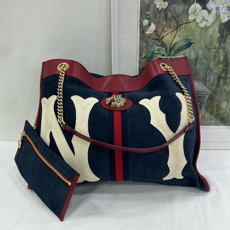 Gucci古馳Rajah水鑽虎頭麂皮拼皮托特包單肩手提女包 有子袋 。-0