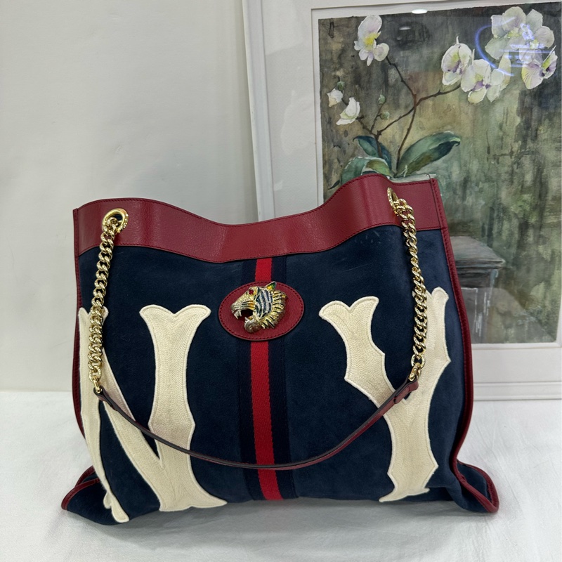 Gucci古馳Rajah水鑽虎頭麂皮拼皮托特包單肩手提女包 有子袋 。-1