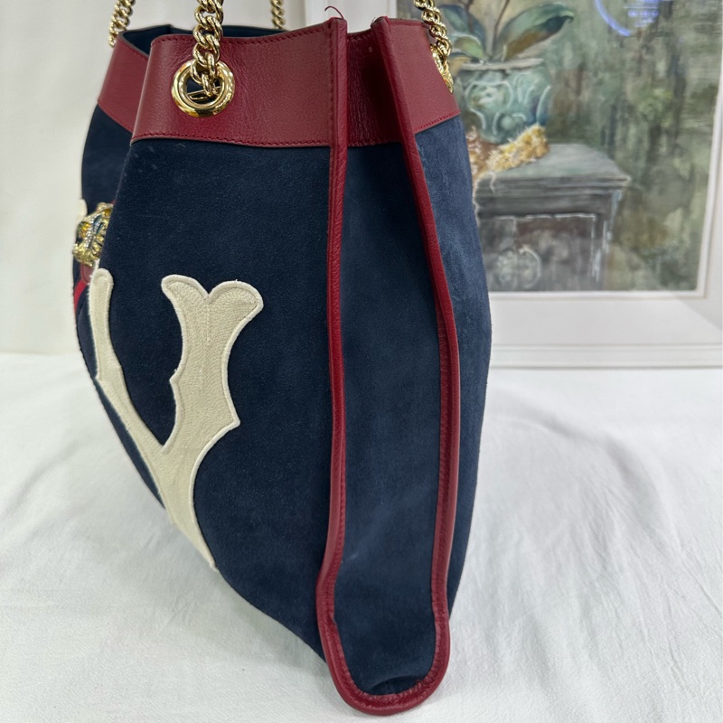 Gucci古馳Rajah水鑽虎頭麂皮拼皮托特包單肩手提女包 有子袋 。-4