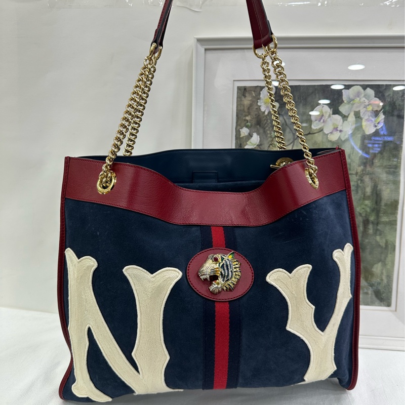 Gucci古馳Rajah水鑽虎頭麂皮拼皮托特包單肩手提女包 有子袋 。-6