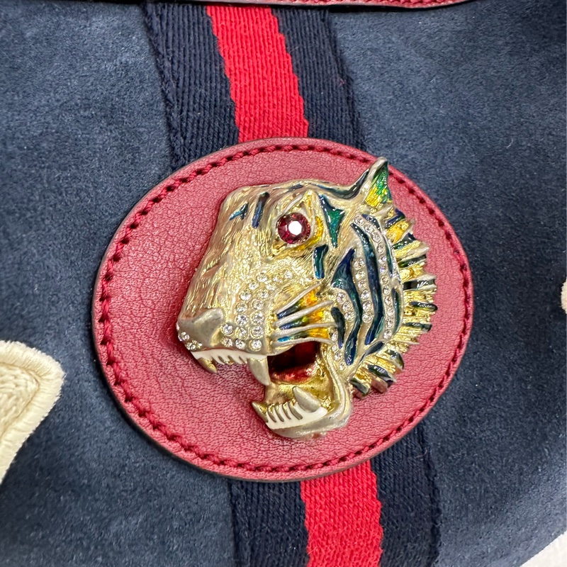 Gucci古馳Rajah水鑽虎頭麂皮拼皮托特包單肩手提女包 有子袋 。-7