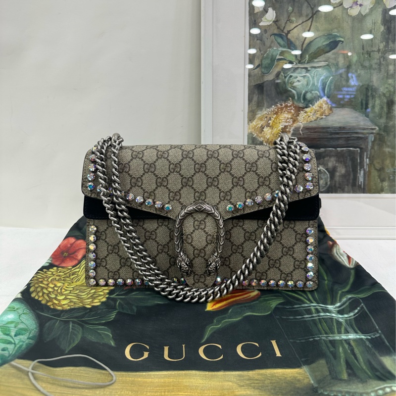 Gucci 古馳酒神 經典老花搭配黑色 整包鑽 尺寸：28×17-0