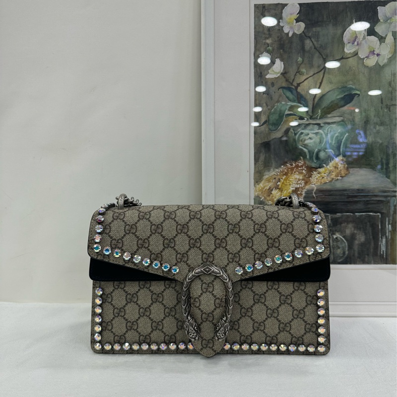 Gucci 古馳酒神 經典老花搭配黑色 整包鑽 尺寸：28×17-1