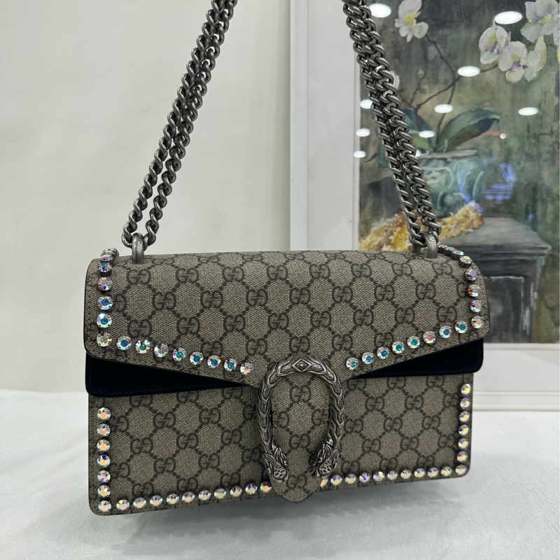 Gucci 古馳酒神 經典老花搭配黑色 整包鑽 尺寸：28×17-5