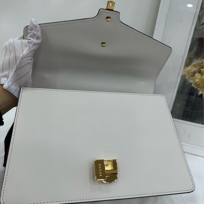 Gucci古馳白色塞維利亞Sylvie 金扣條紋織帶羅緞蝴蝶結寬版肩帶 可手提單肩斜挎 閒置 尺寸25*17*8cm-7