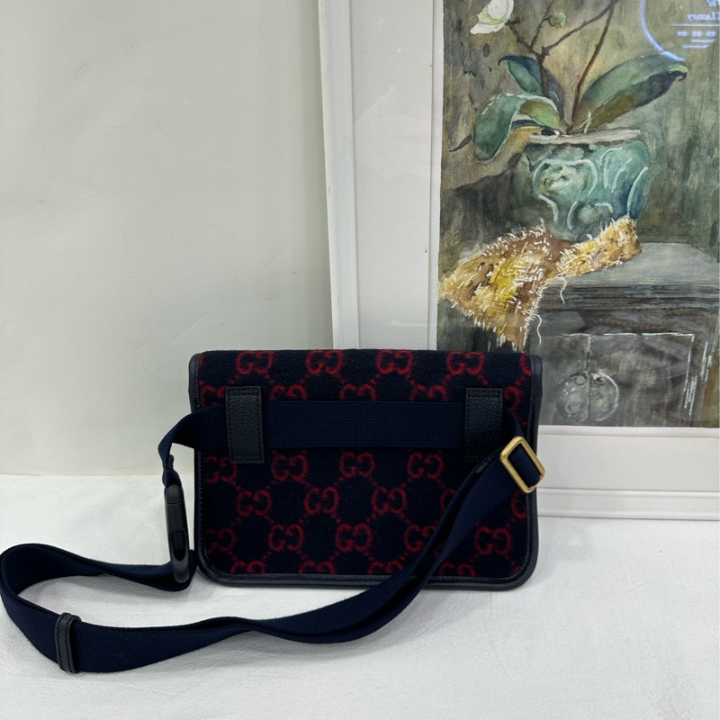 Gucci/古馳 藍紅毛呢腰包 羊毛拼皮 單肩斜挎包 99新近閒置 尺寸：24*3*14cm-2