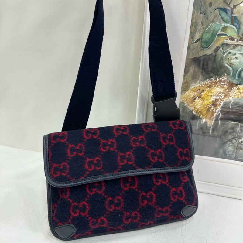 Gucci/古馳 藍紅毛呢腰包 羊毛拼皮 單肩斜挎包 99新近閒置 尺寸：24*3*14cm-5