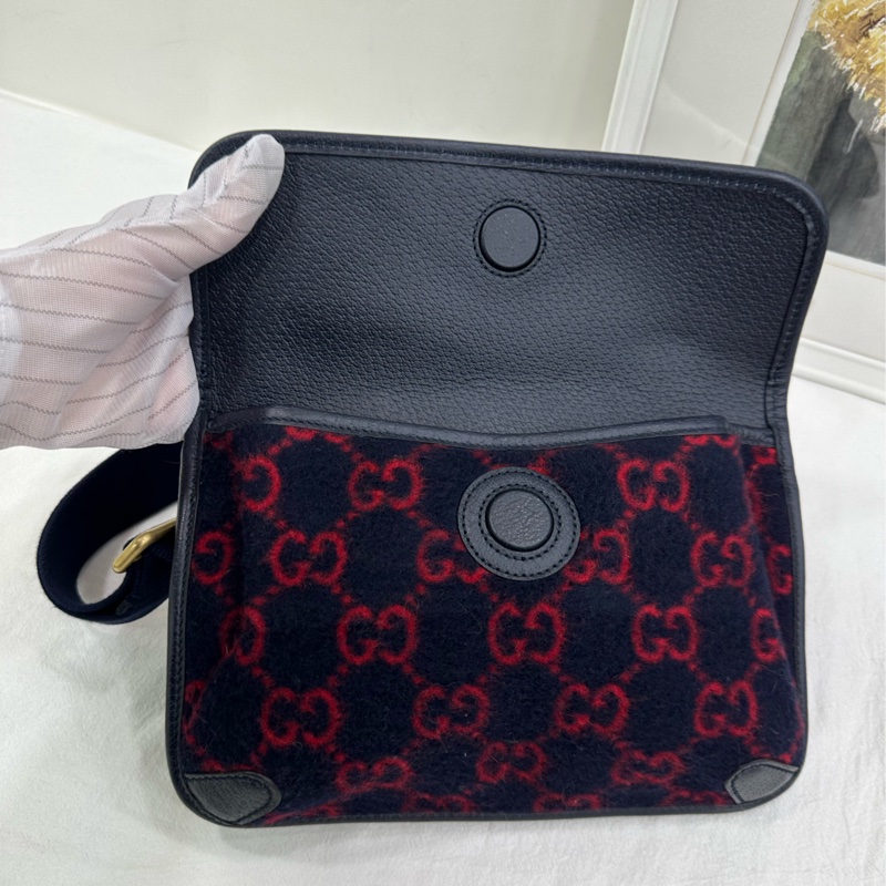 Gucci/古馳 藍紅毛呢腰包 羊毛拼皮 單肩斜挎包 99新近閒置 尺寸：24*3*14cm-7