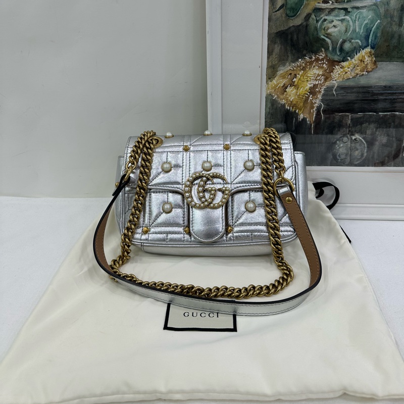 Gucci 古馳 GG mini Marmont 馬蒙 珍珠 Logo裝飾 鉚釘 金屬 99新近閒置-0