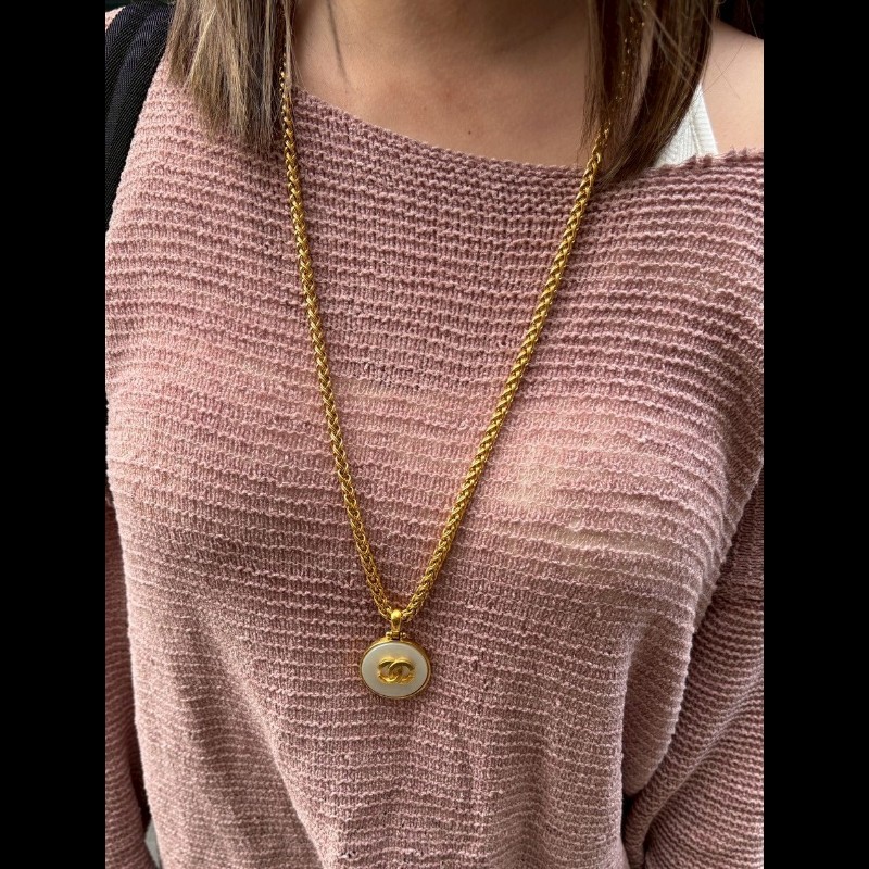 Chanel 金鍊白底圓雙C項鍊-4