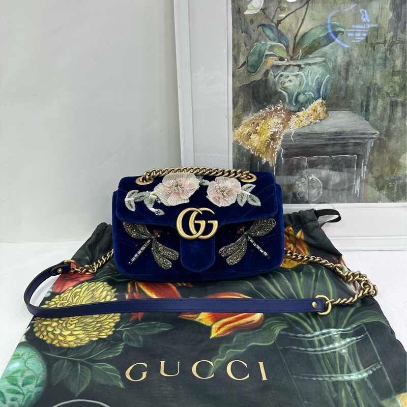 Gucci/古馳 絲絨寶藍色marmont，刺繡珠寶蜻蜓寶藍色金絲絨鏈條包，可單肩可斜挎可手拿，近閒置 尺寸22*14cm-0