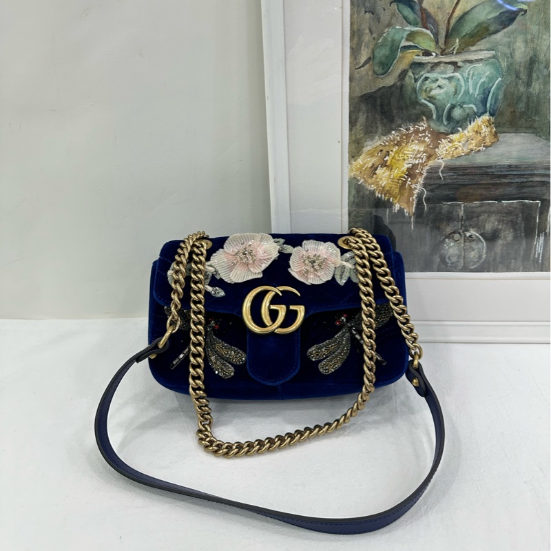 Gucci/古馳 絲絨寶藍色marmont，刺繡珠寶蜻蜓寶藍色金絲絨鏈條包，可單肩可斜挎可手拿，近閒置 尺寸22*14cm-1
