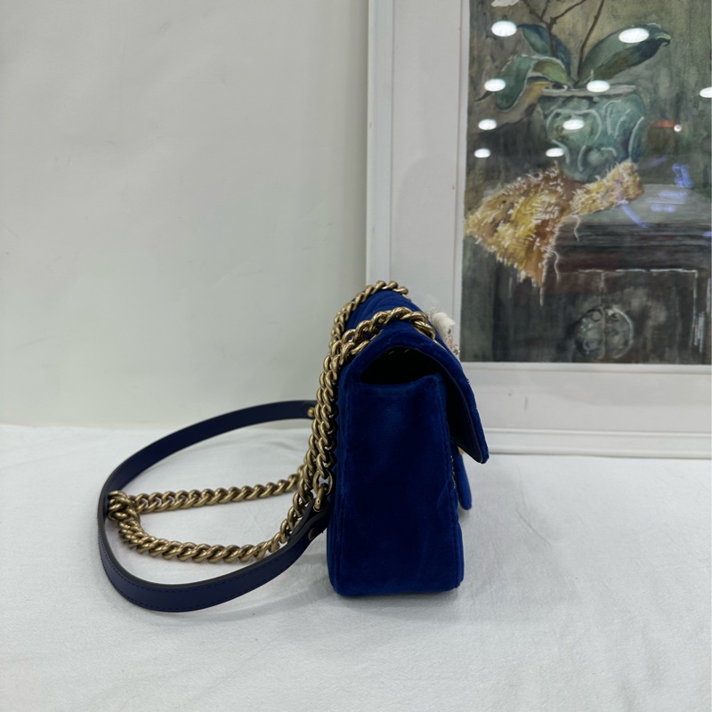 Gucci/古馳 絲絨寶藍色marmont，刺繡珠寶蜻蜓寶藍色金絲絨鏈條包，可單肩可斜挎可手拿，近閒置 尺寸22*14cm-3