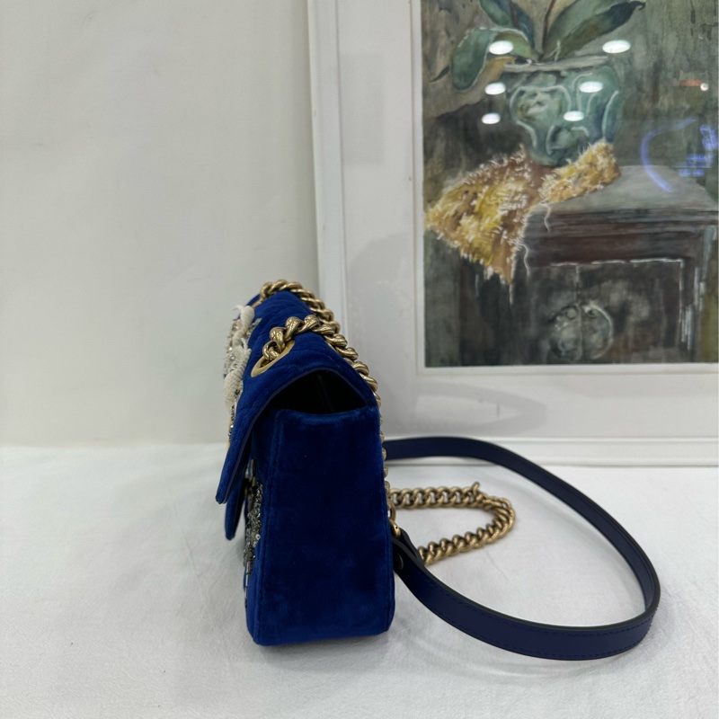 Gucci/古馳 絲絨寶藍色marmont，刺繡珠寶蜻蜓寶藍色金絲絨鏈條包，可單肩可斜挎可手拿，近閒置 尺寸22*14cm-4