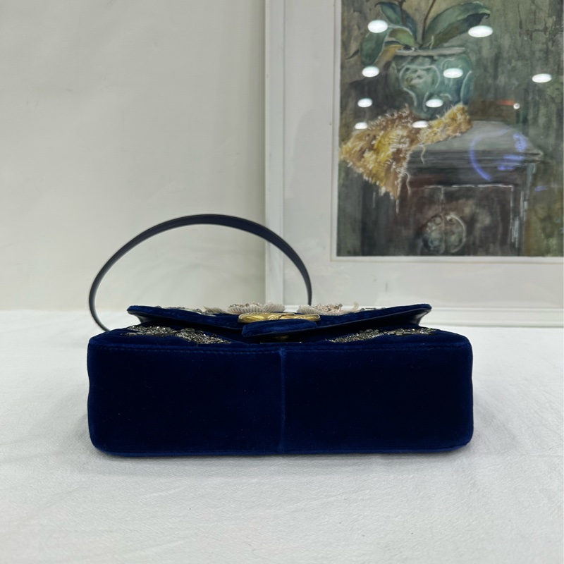 Gucci/古馳 絲絨寶藍色marmont，刺繡珠寶蜻蜓寶藍色金絲絨鏈條包，可單肩可斜挎可手拿，近閒置 尺寸22*14cm-5