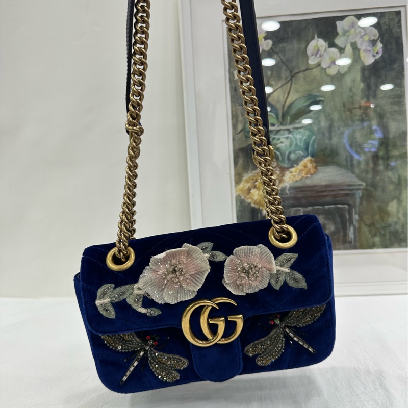 Gucci/古馳 絲絨寶藍色marmont，刺繡珠寶蜻蜓寶藍色金絲絨鏈條包，可單肩可斜挎可手拿，近閒置 尺寸22*14cm-6
