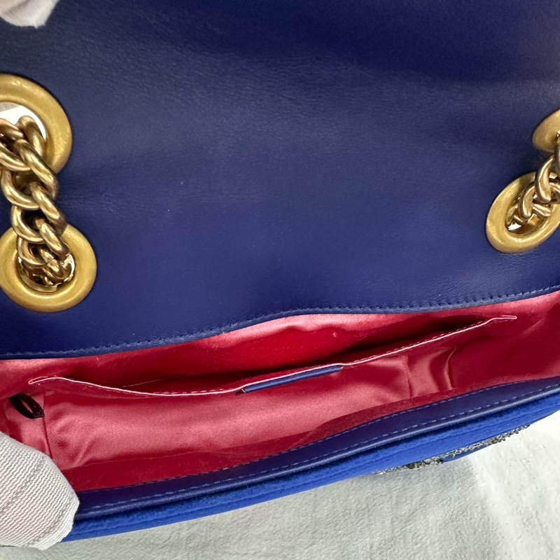 Gucci/古馳 絲絨寶藍色marmont，刺繡珠寶蜻蜓寶藍色金絲絨鏈條包，可單肩可斜挎可手拿，近閒置 尺寸22*14cm-8