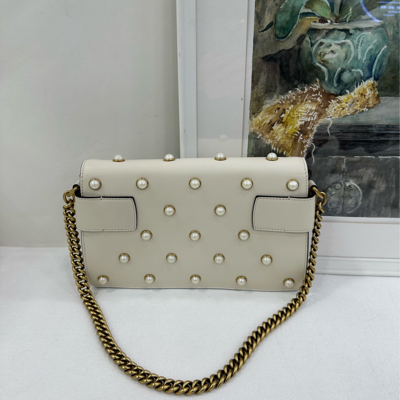 Gucci古馳Broadway小蜜蜂鏈包，白色珍珠裝飾，金色鏈條+紅藍條紋肩帶，楊冪同款 99新近閒置 尺寸25×16×4cm-2