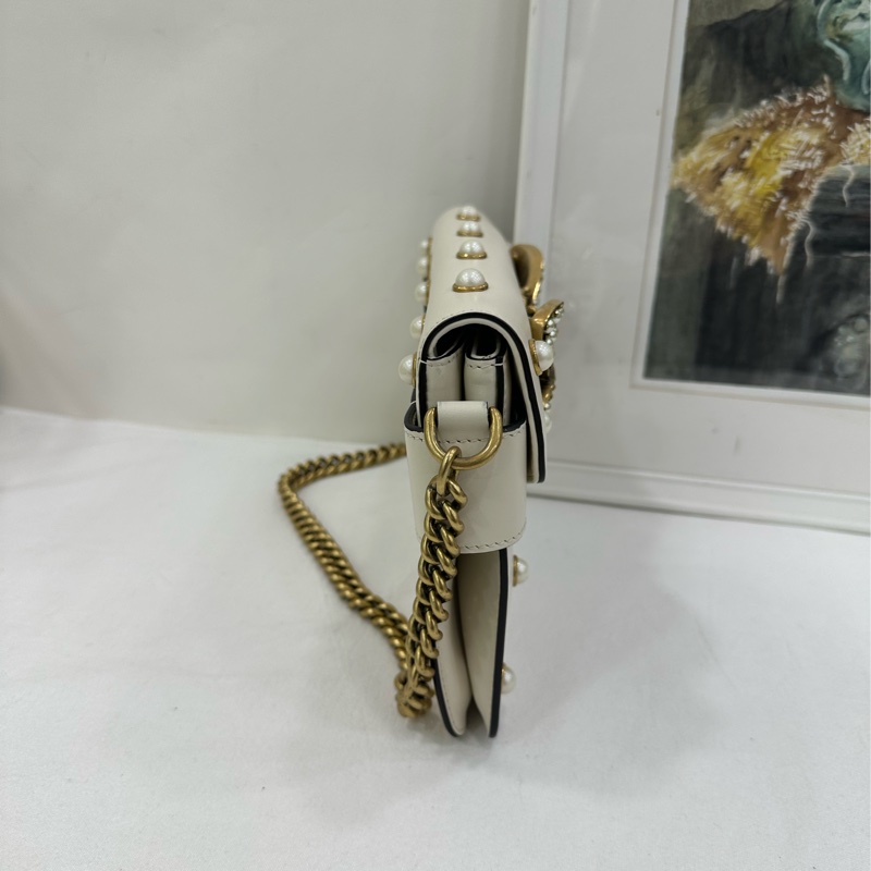 Gucci古馳Broadway小蜜蜂鏈包，白色珍珠裝飾，金色鏈條+紅藍條紋肩帶，楊冪同款 99新近閒置 尺寸25×16×4cm-3