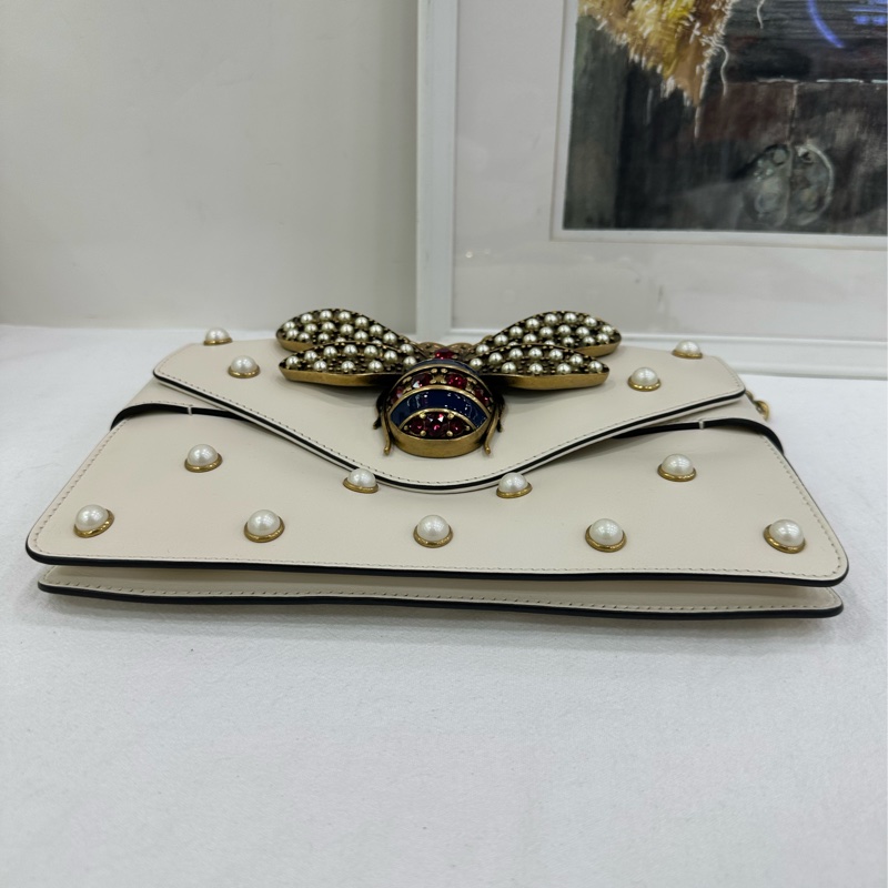 Gucci古馳Broadway小蜜蜂鏈包，白色珍珠裝飾，金色鏈條+紅藍條紋肩帶，楊冪同款 99新近閒置 尺寸25×16×4cm-5