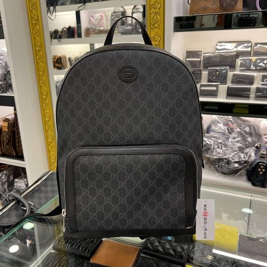 東區正精品㊣GUCCI Interlocking PVC黑灰色拉鍊後背包 RZ6162-0