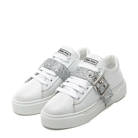 Miu Miu 白色裂紋皮革球鞋 配銀色閃亮飾帶 37.5 碼