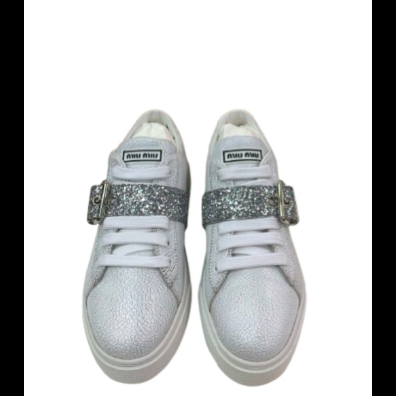 Miu Miu 白色裂紋皮革球鞋 配銀色閃亮飾帶 37.5 碼-2