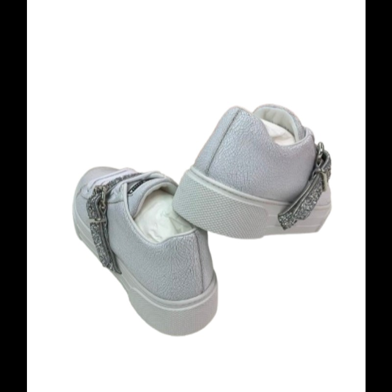 Miu Miu 白色裂紋皮革球鞋 配銀色閃亮飾帶 37.5 碼-3