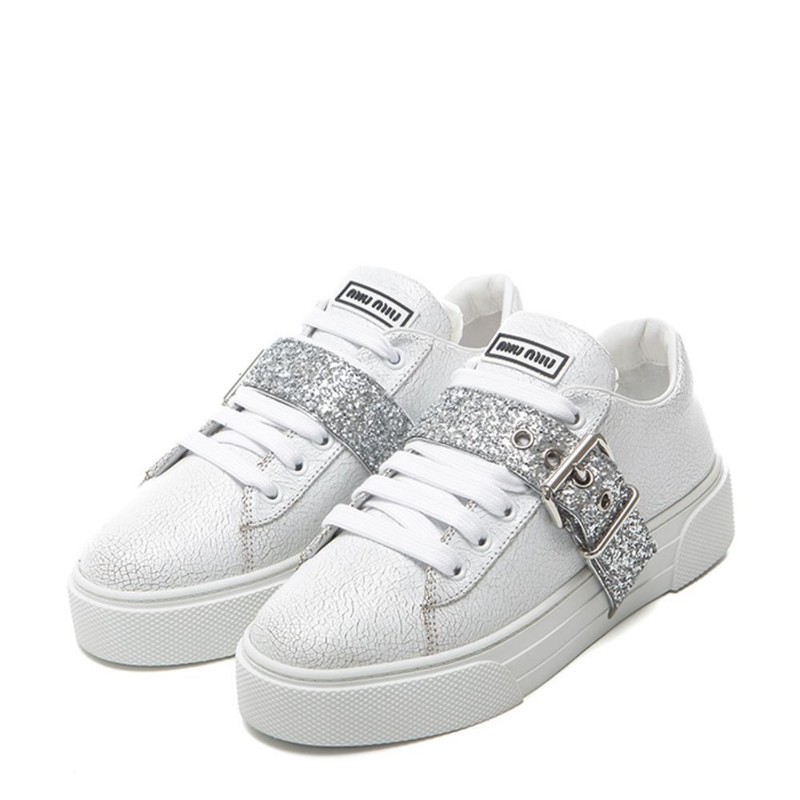 Miu Miu 白色裂紋皮革球鞋 配銀色閃亮飾帶 36碼-0