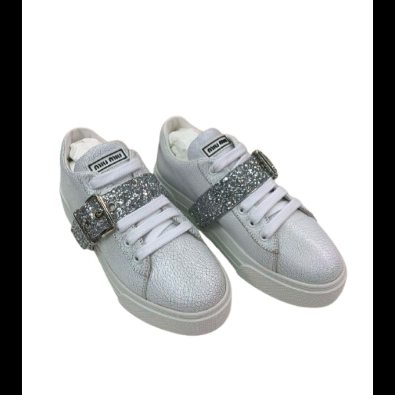 Miu Miu 白色裂紋皮革球鞋 配銀色閃亮飾帶 36碼-1